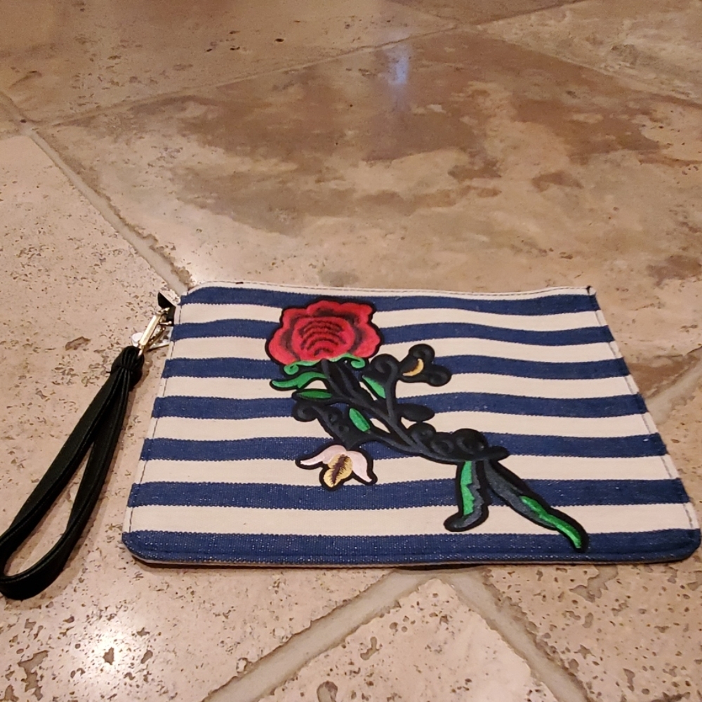 Blue & White Striped Rose Tattoo Wristlet - NWT